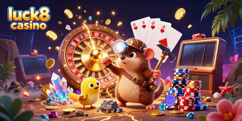 Experience thrilling moments at luck8 casino with a 3D treasure hunter amidst cascading coins and vibrant game elements.