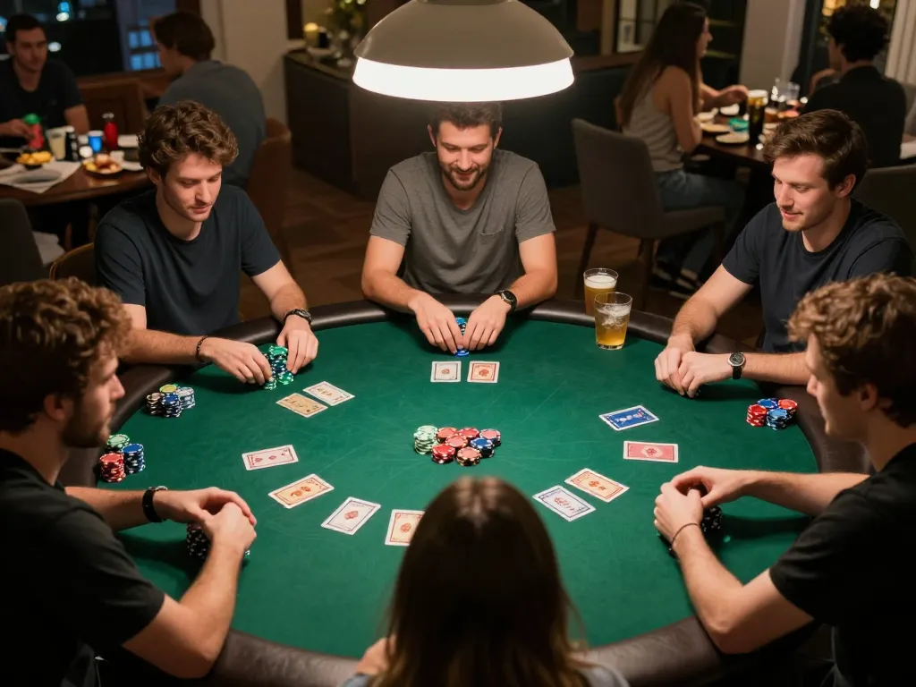 Go8 enthusiasts engaging in an exciting home poker night, showcasing strategic gameplay and friendly competition.