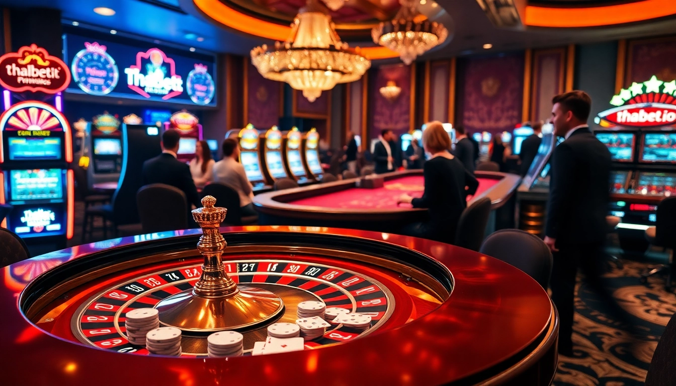 Experience the thrill of gambling at thabett.io with a vibrant casino scene featuring roulette and poker.