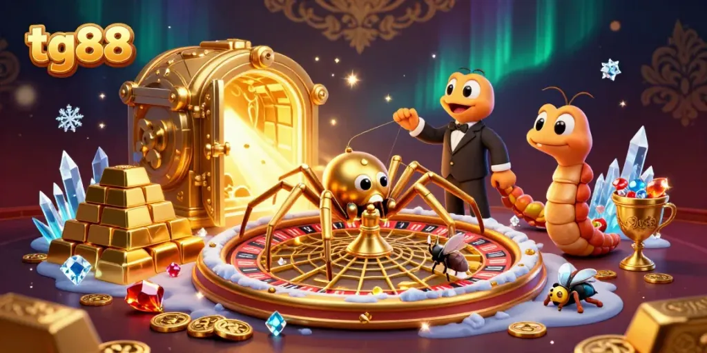 Experience TG88 excitement with a golden spider web roulette and sparkling treasures.