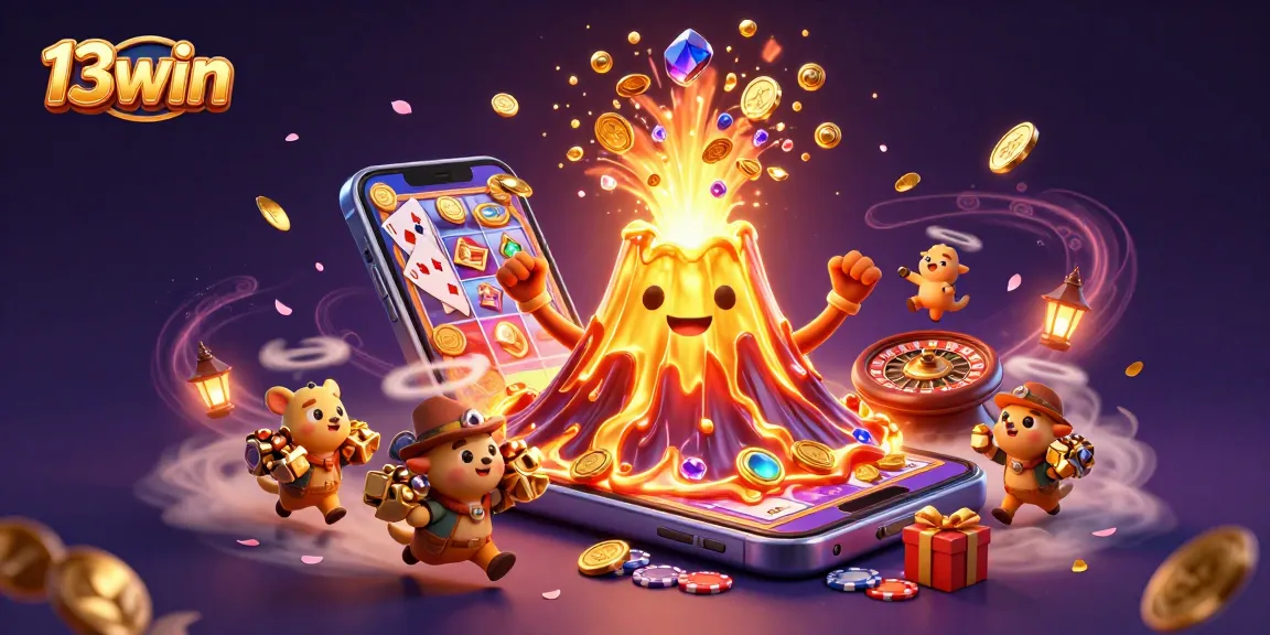 13win's vibrant casino scene with a golden volcano and treasure elements creating excitement and winning potential.