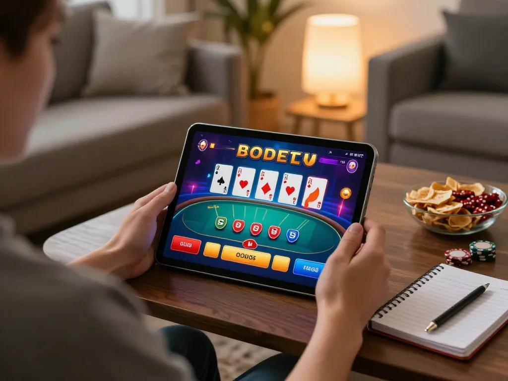 Person playing Sunwin online casino games on tablet in cozy home setting