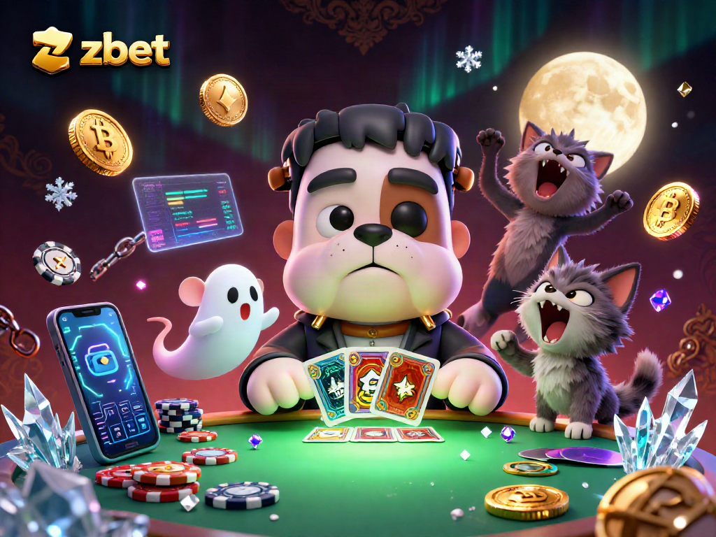 Engage with zbet's exciting casino scene featuring a whimsical Frankenstein bulldog dealer amidst crypto coins.