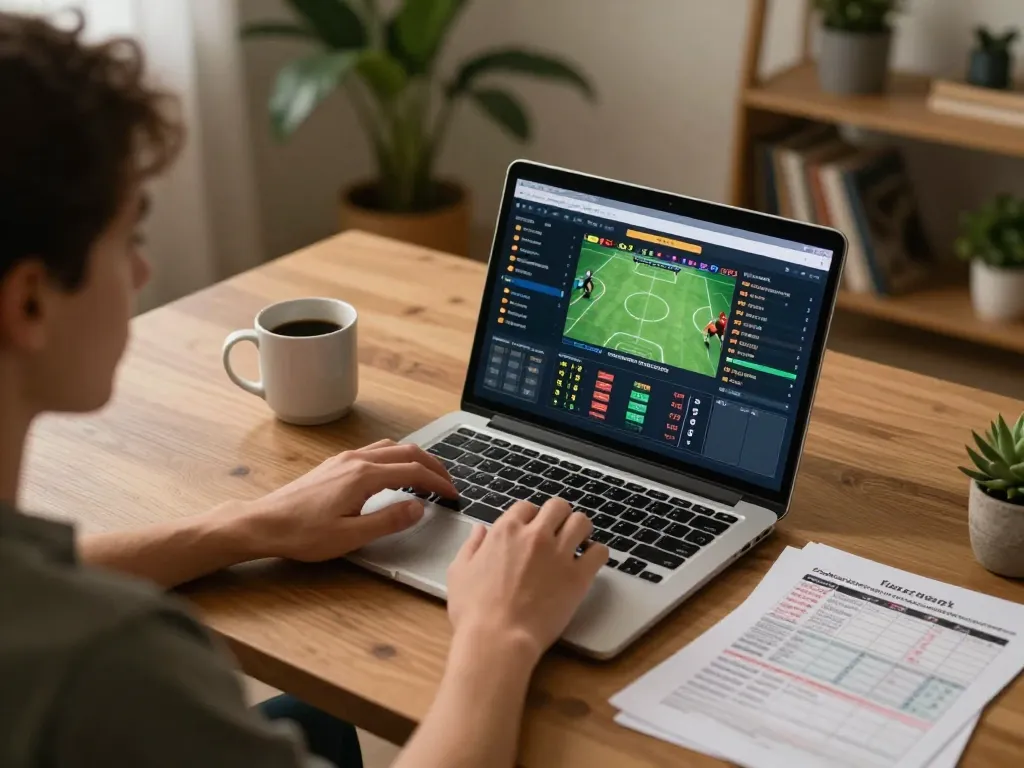 Player strategizing sports bets online at nk88 nhà cái with cozy home setup