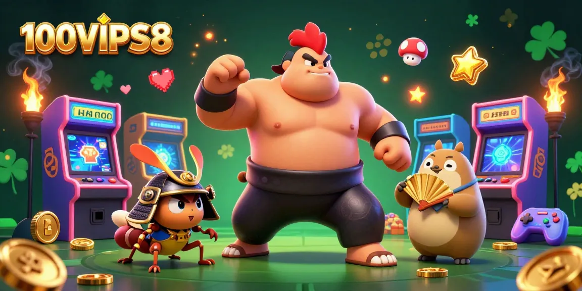 Engage with 100VIPS8 in a vibrant casino scene featuring cartoon characters and gaming elements.