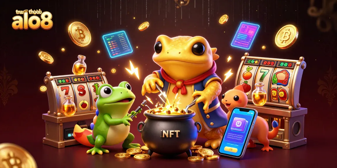 Experience the excitement of trang chủ alo8 with a vibrant casino scene, featuring alchemical elements and neon crypto coins.