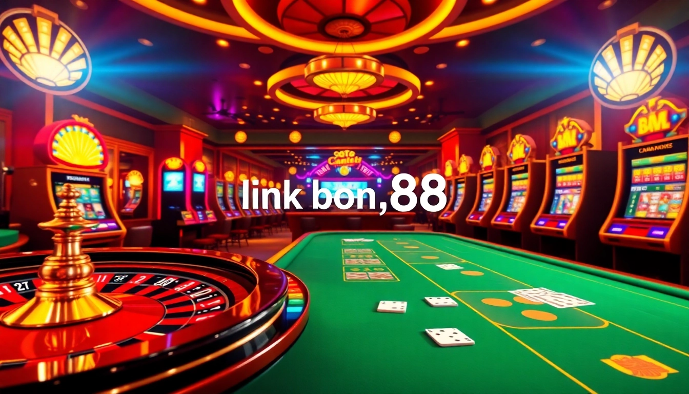 Betting action at link bong88 featuring a vibrant casino atmosphere with poker chips and slot machines.
