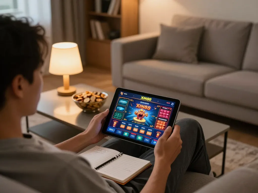 Player enjoying an engaging online gaming experience on the Xin88 app in a cozy home environment.