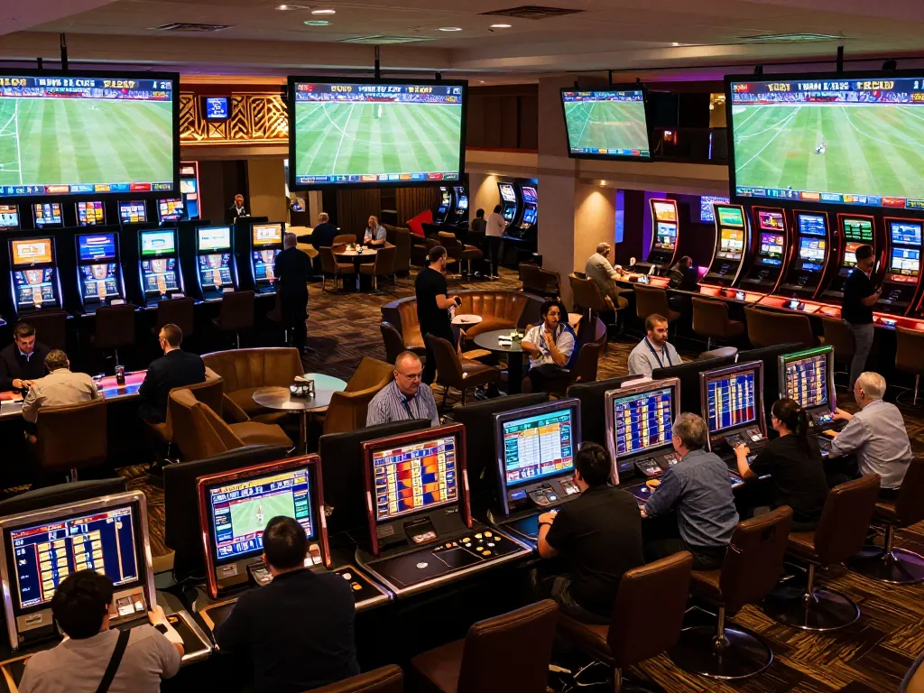 Active bettors engaging with keo nha cai 5 in a stylish sports betting lounge