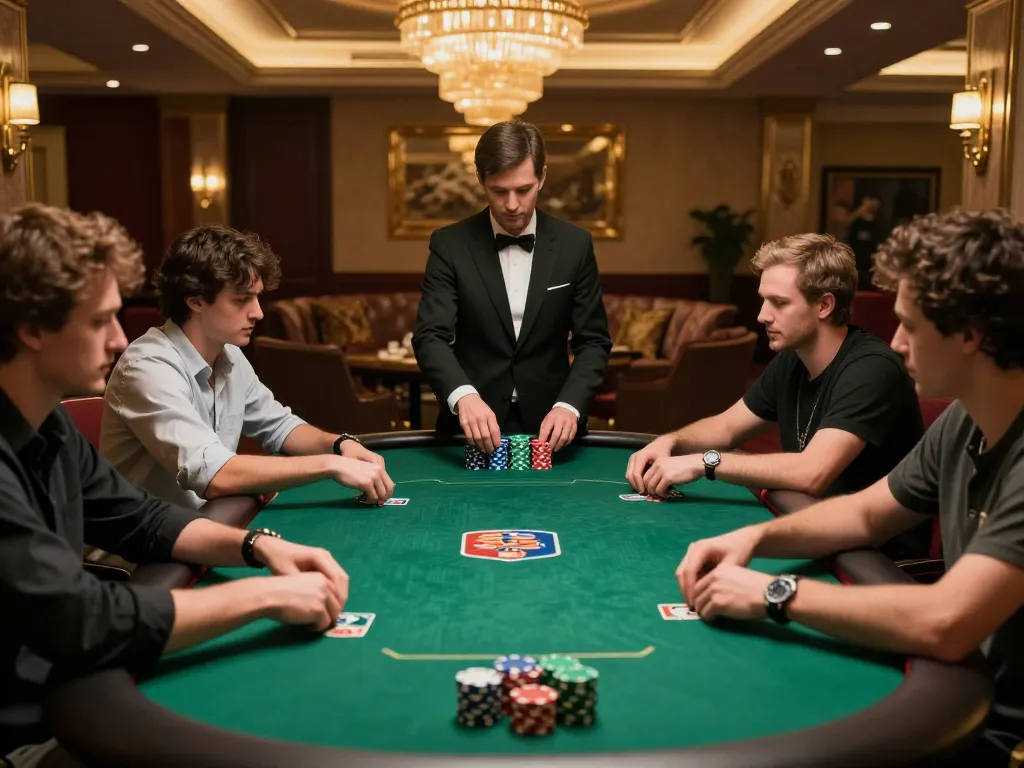 S88 poker players engaged in intense game at luxury casino table with colorful chips.
