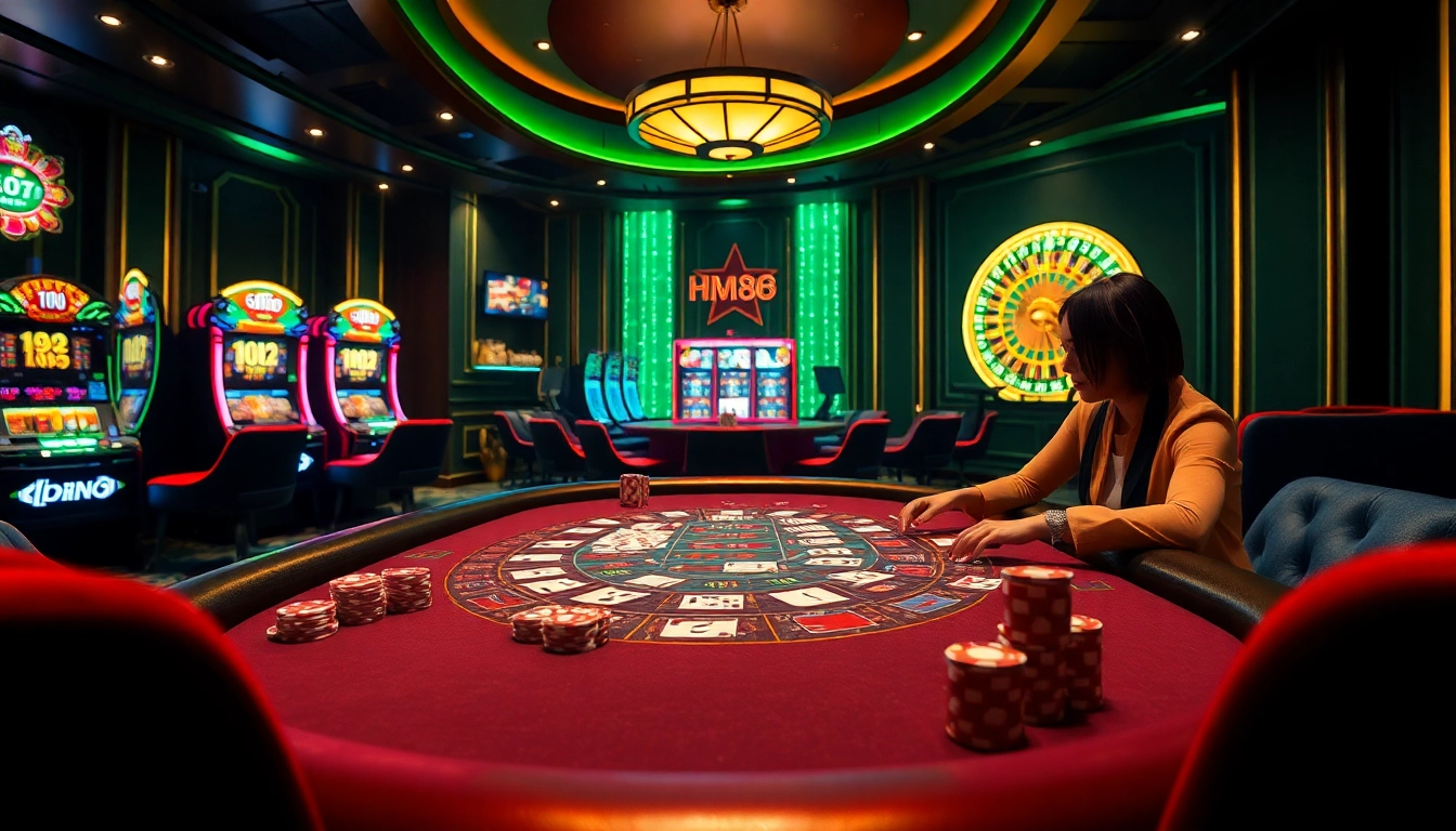 Engaged players enjoying the hm88 game at a vibrant casino table with poker chips and cards.