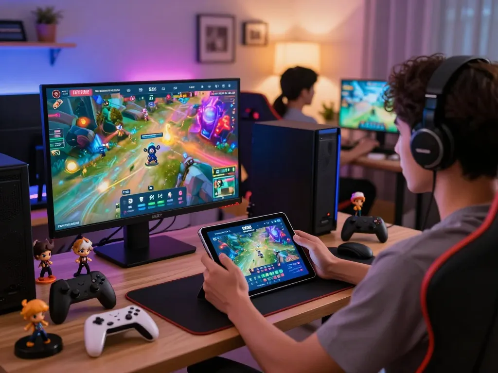A gamer using the S666 app in a vibrant gaming setup, showcasing interactive elements and merchandise.