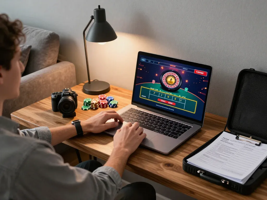 K8CC player enjoying an online casino game with strategic tips at their home setup.