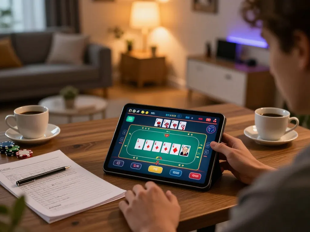 Engaging in online gaming at home with the 78winvina app on a tablet, emphasizing responsible gambling practices.