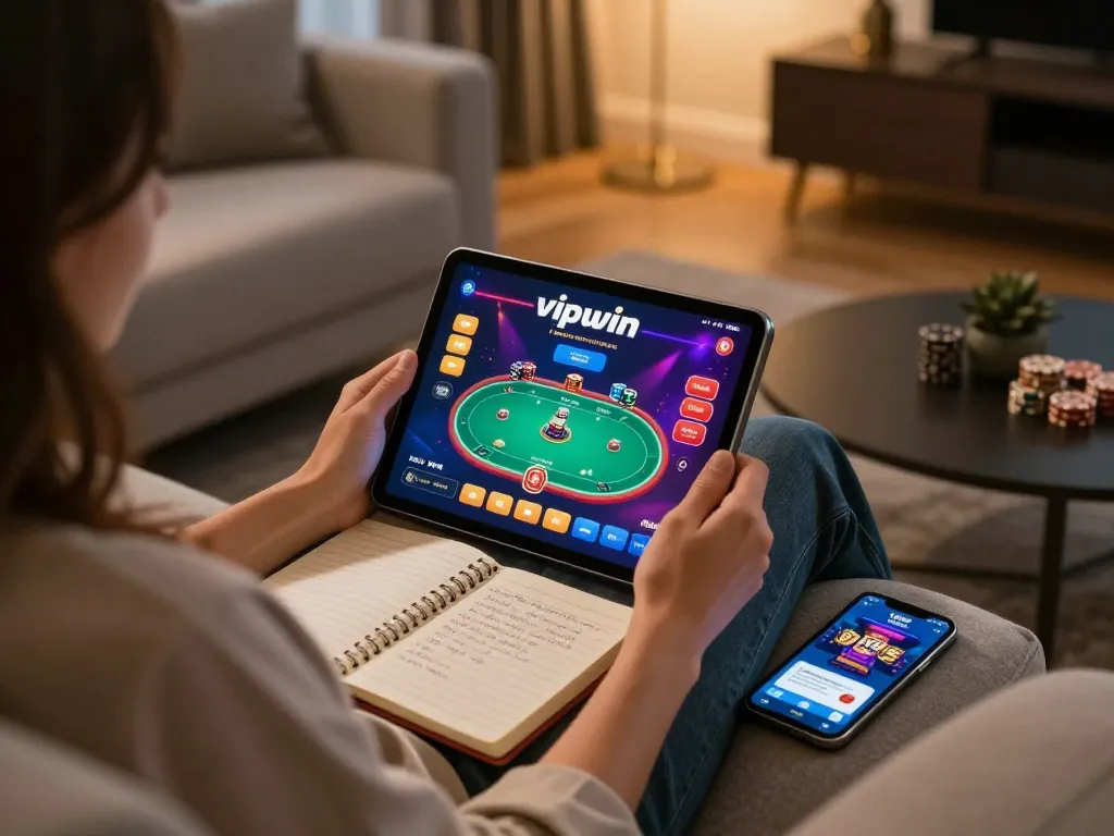 Engaging online gambling session on vipwin com with a player using a tablet in a cozy living room.