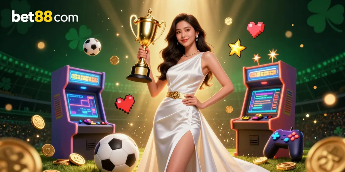 Win big with bet88 com at this dynamic casino scene, showcasing vibrant sports betting elements and a confident winner.