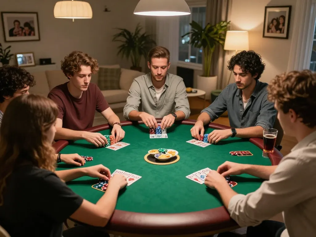 Friends enjoying a competitive poker night engaging with Win88 strategies over an elegant table.