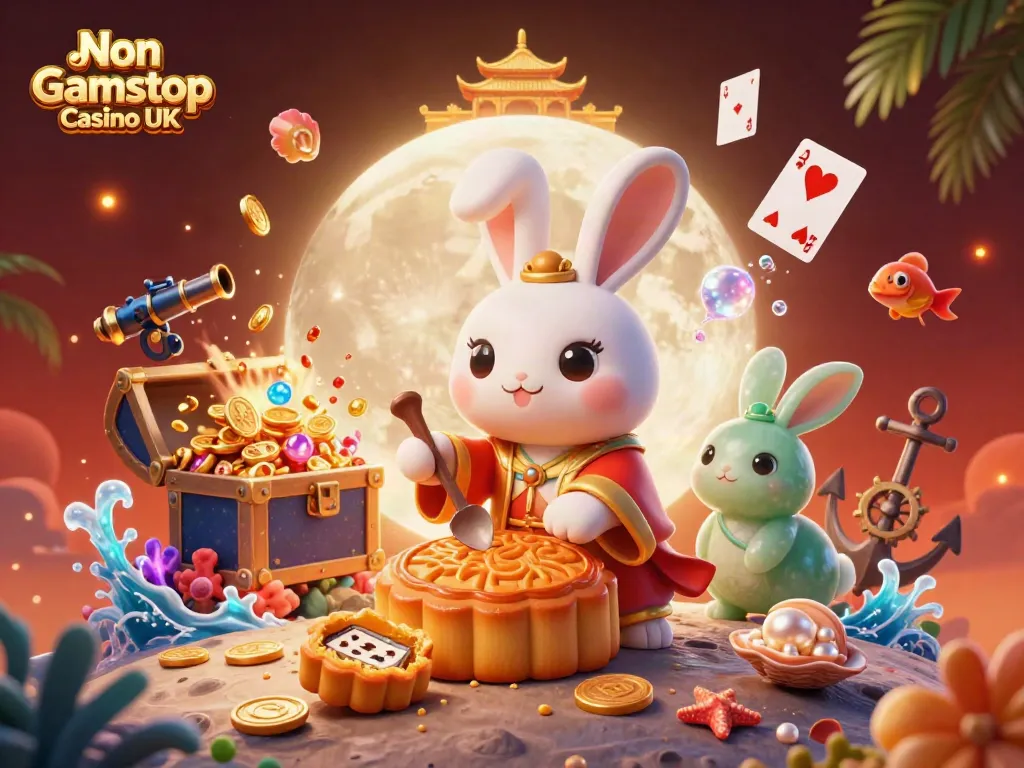 Engage with Non Gamstop Casino UK through vibrant 3D illustration of moon rabbit characters themed around casino gaming.