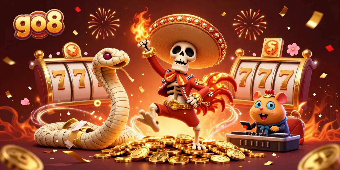 Experience the excitement at go8 with a vibrant casino scene featuring festive characters and dynamic gaming elements.