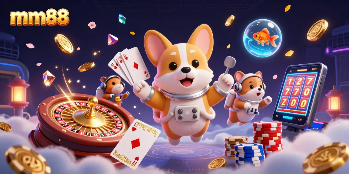 Experience thrilling moments at mm88 with a vibrant 3D casino scene featuring an astronaut corgi.