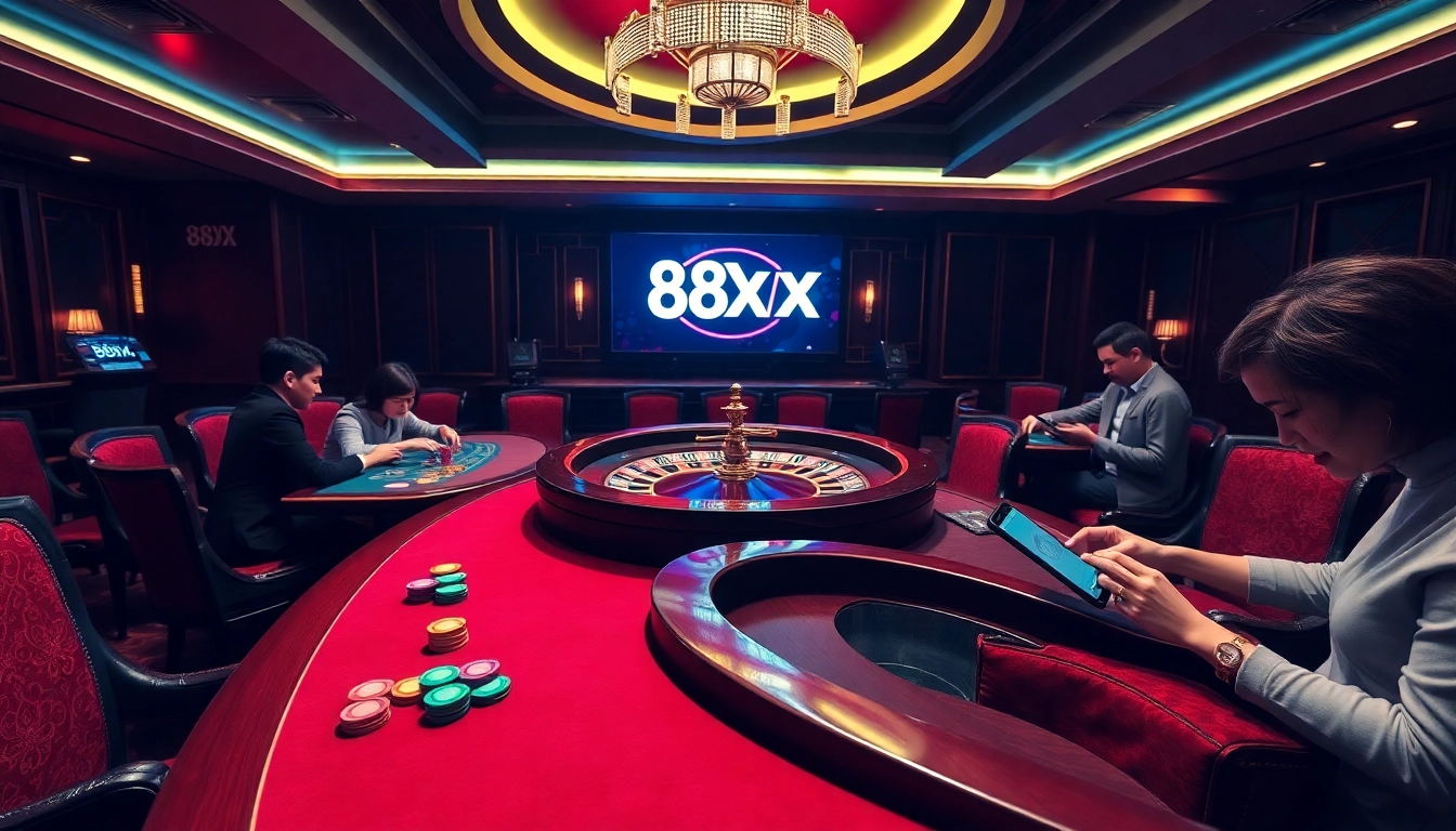 Engage with the 88XX app at a luxurious casino table, featuring poker chips and a roulette wheel.
