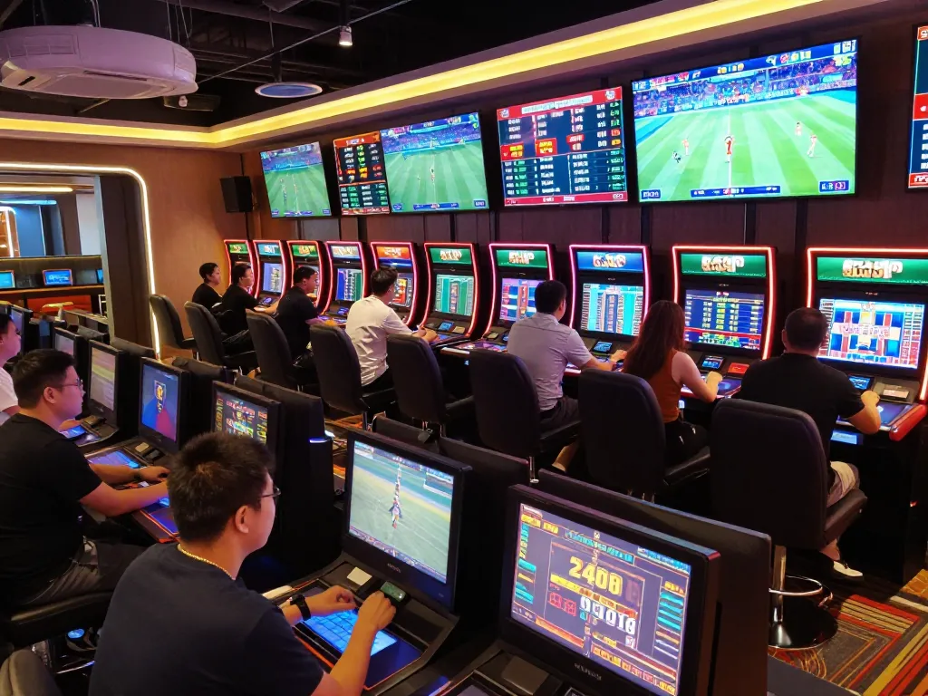 Engaged bettors analyze odds and strategies in lively sports betting area at one88