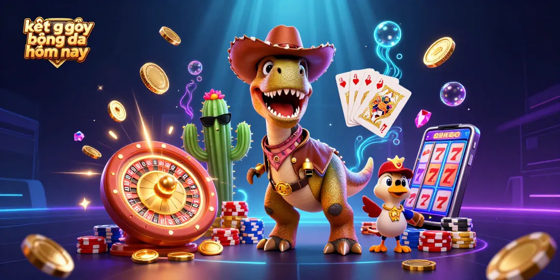 Engage with kết quả bóng đá hôm nay as dynamic cartoon characters amidst sparkling gems and casino elements.