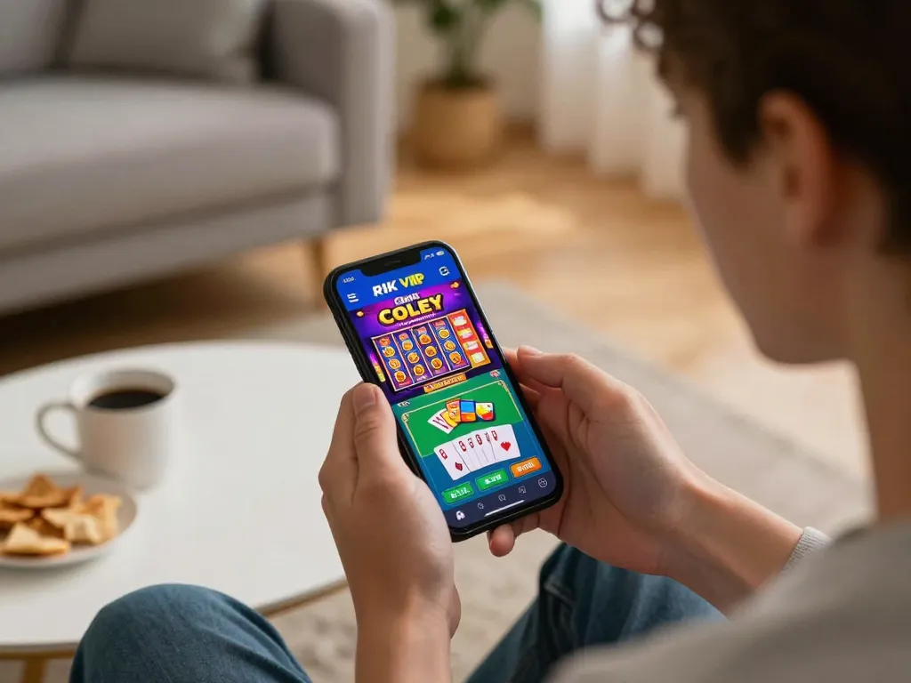 Playing the rik vip casino app on a smartphone in a cozy home setting with gaming excitement.