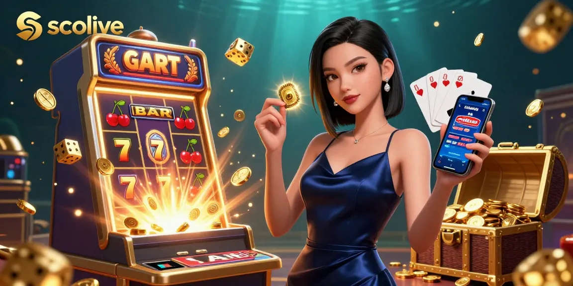 Socolive showcases a stunning Asian woman with a smartphone in a casino, featuring vibrant game elements and dynamic visuals.