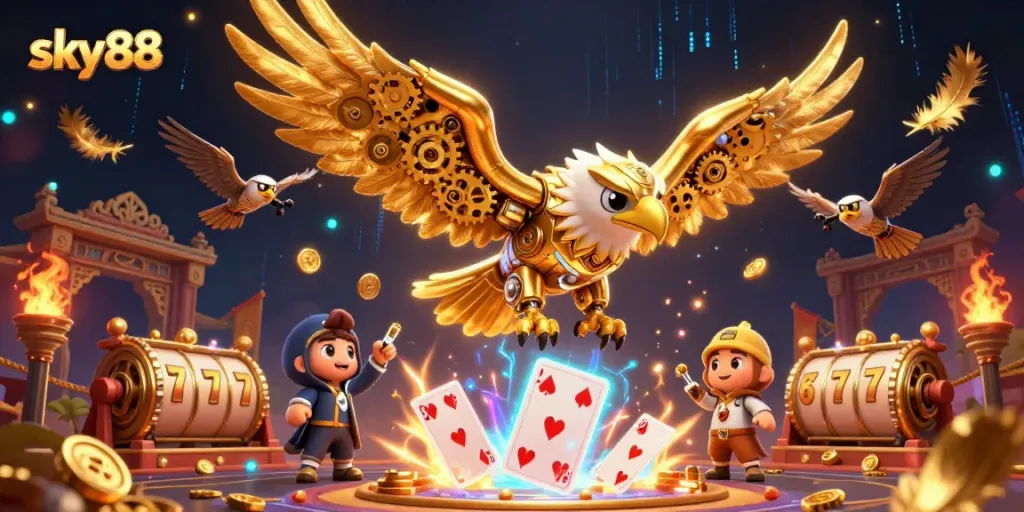 Experience the thrill of sky88 with a dynamic scene of cybernetic eagles amid slot reels and vibrant casino elements.
