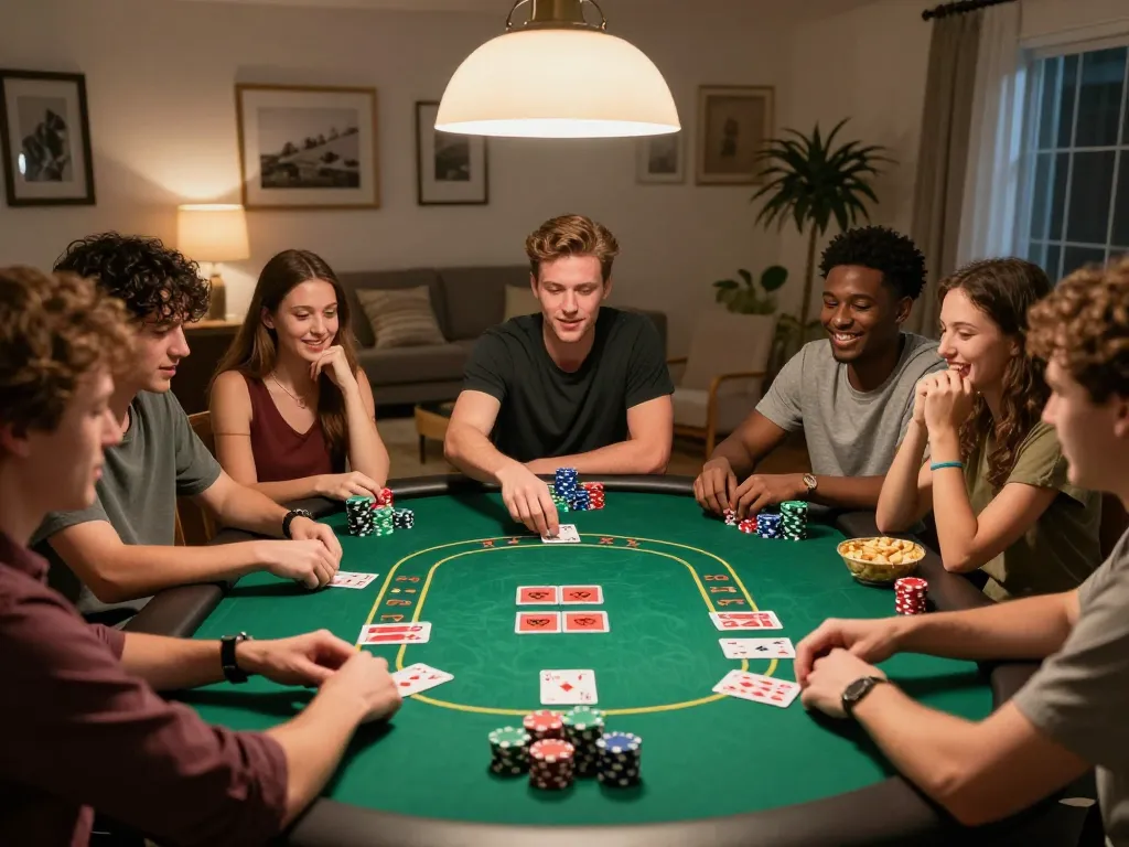 Friends enjoying LODE88 poker night with cards dealt and snacks around the table, embodying strategic gameplay.