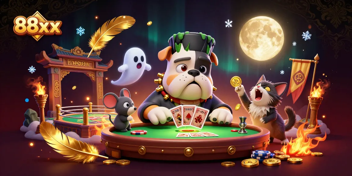 88xx casino illustration featuring a Frankenstein bulldog and a ghost mouse at a vibrant table, enhancing player excitement.