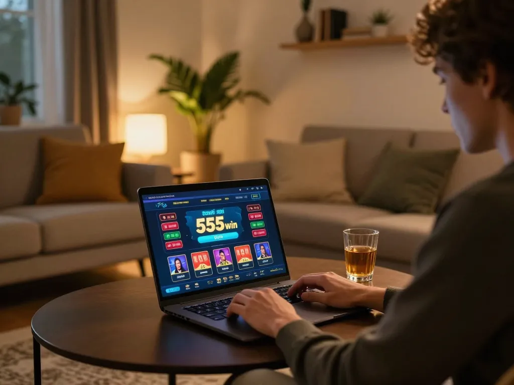 Engaging online gaming moments with 555win interface in a stylish living room setting