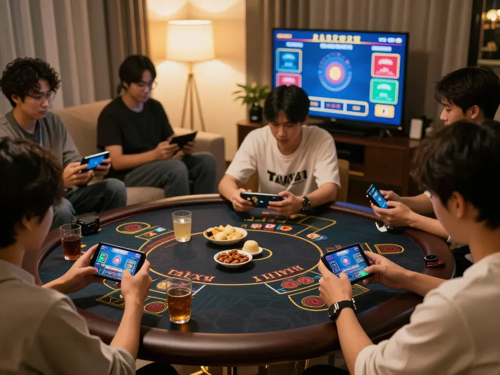 Engaging in tài xỉu online game on smartphones, players focused in cozy living room setting.