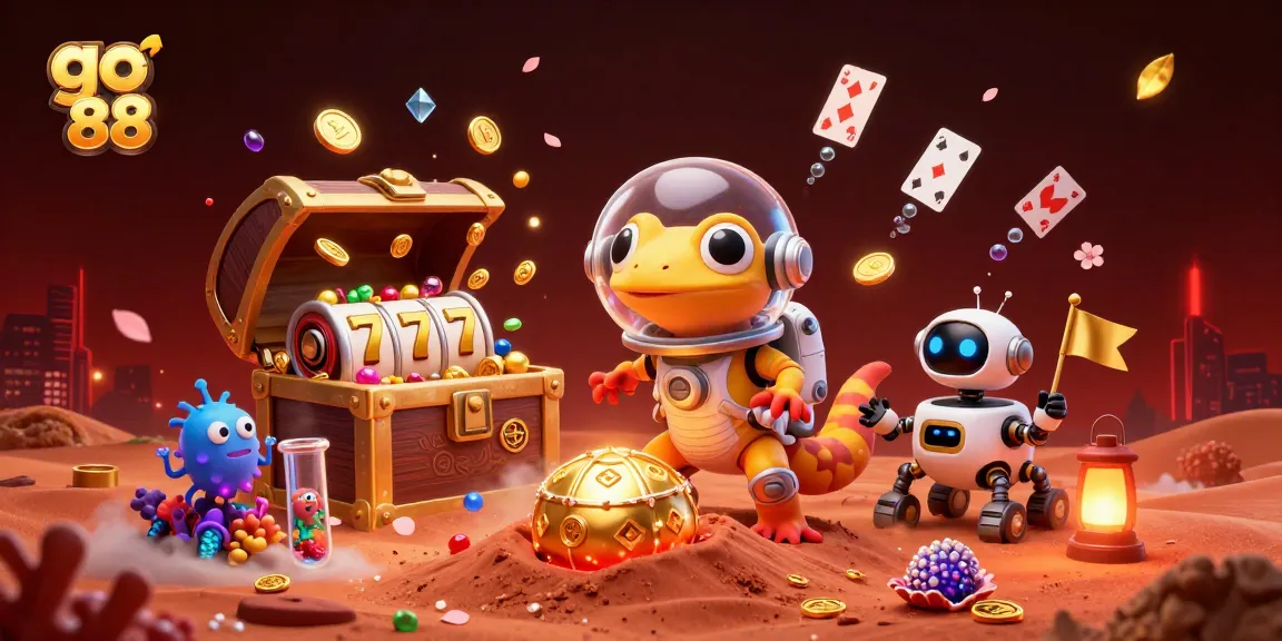 Experience the thrills of go 88 in a vibrant casino scene with Martian characters and slot reels.