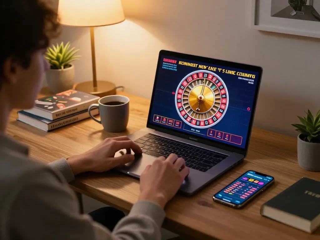 Player experiencing online gambling at fly88 with live roulette game displayed on laptop