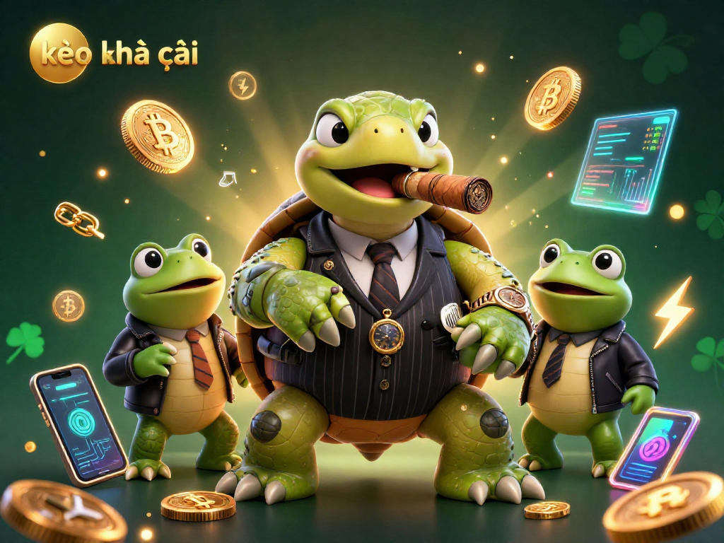 Experience kèo nhà cái with a vibrant illustration showcasing a turtle mobster and frog enforcers amid vibrant casino elements.