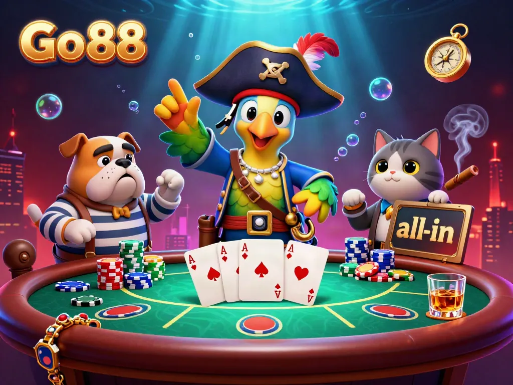 Join the excitement at Go 88 as pirate-themed characters command the poker table in this vibrant casino scene.