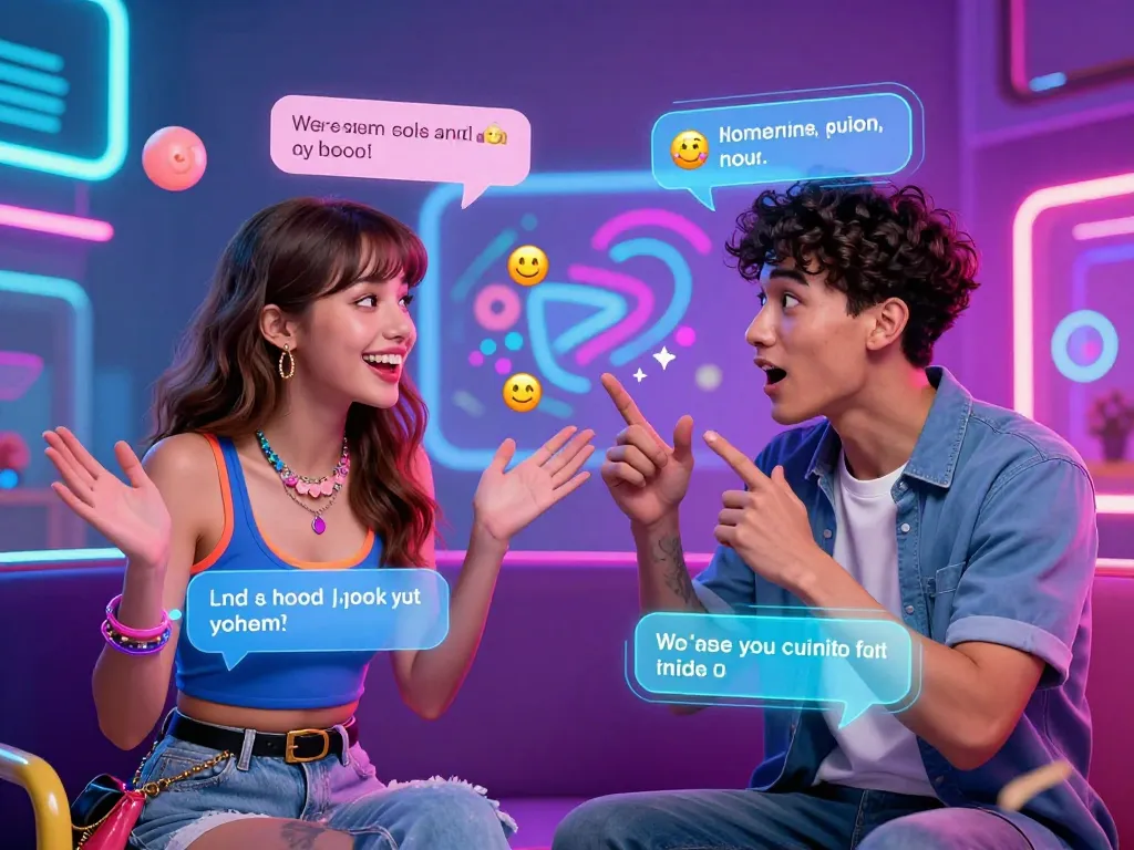 Engaging ai porn chat scene with avatars interacting in a vibrant digital environment.
