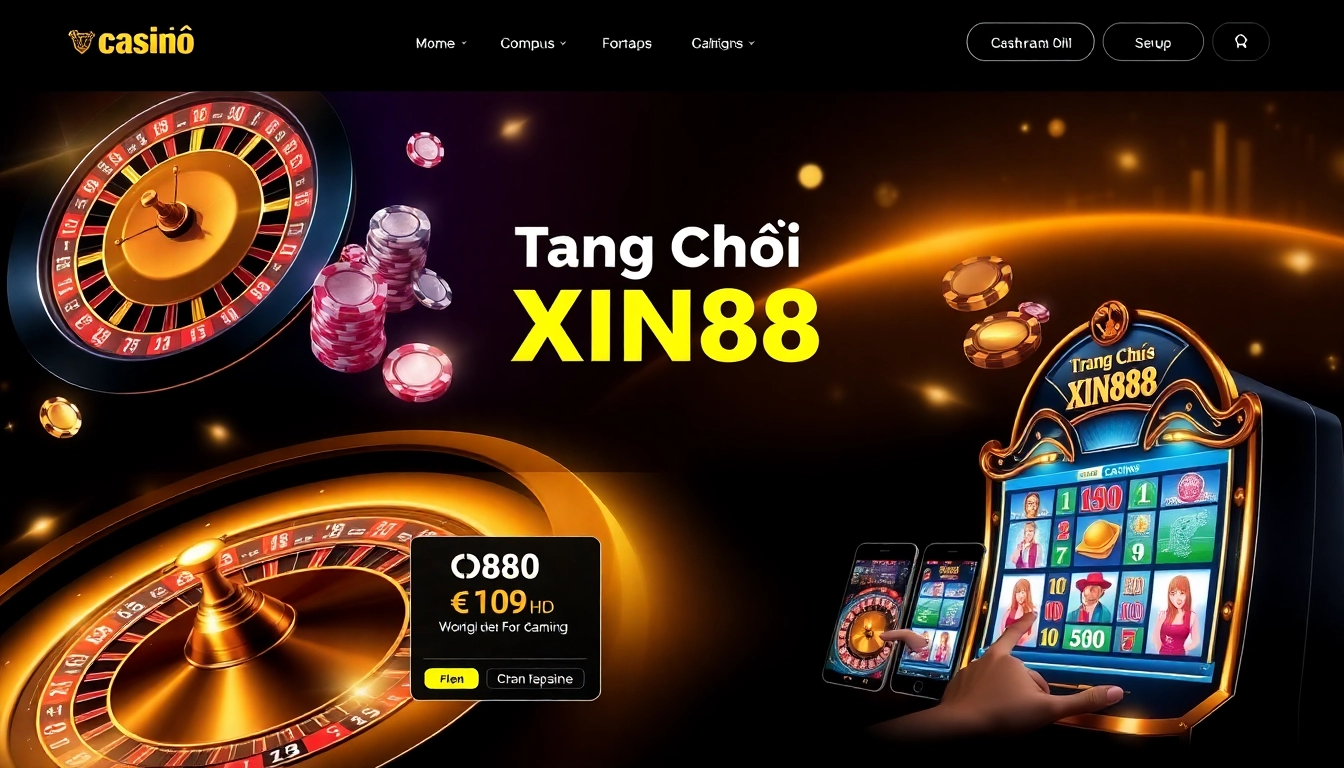 Experience the excitement of Trang Chủ XIN88 with vibrant casino graphics, roulette wheel, and poker chips.