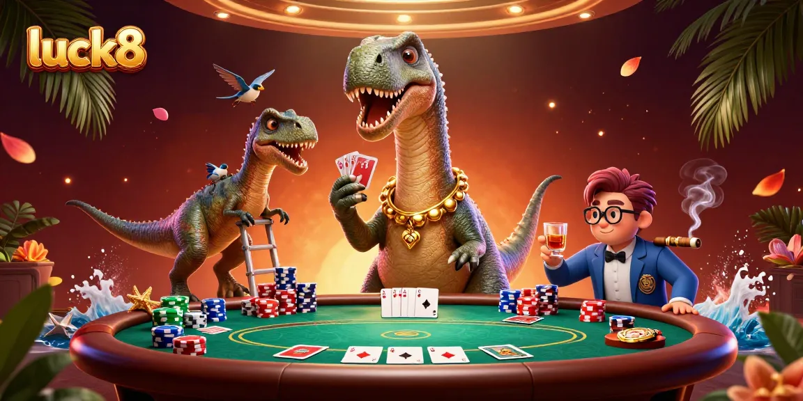 Experience luck8 in an action-packed casino scene with a towering brontosaurus and clever raptor