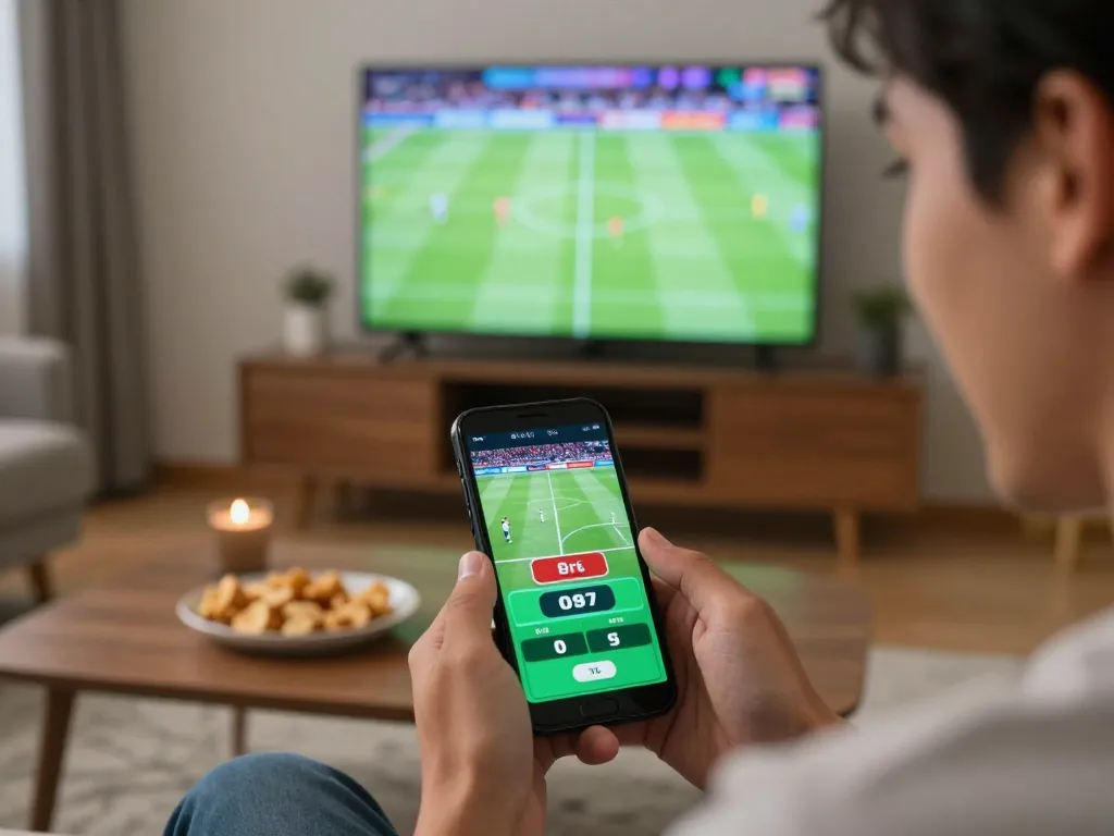Experience sports betting excitement with vipwin777 on a smartphone in a cozy home atmosphere.