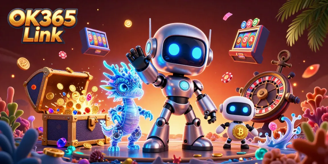 Engage in the thrilling experience of OK365 Link with a vibrant 3D casino illustration showcasing dynamic characters and gambling elements.