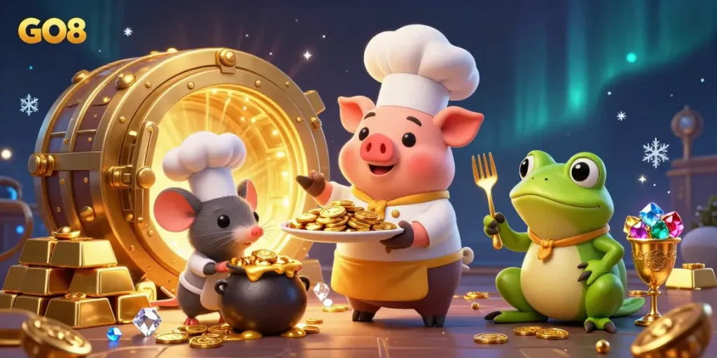 Experience thrilling online gambling action with GO8 in this vibrant, detailed illustration featuring a chef pig, tasting sous-chef mouse, and critic frog.