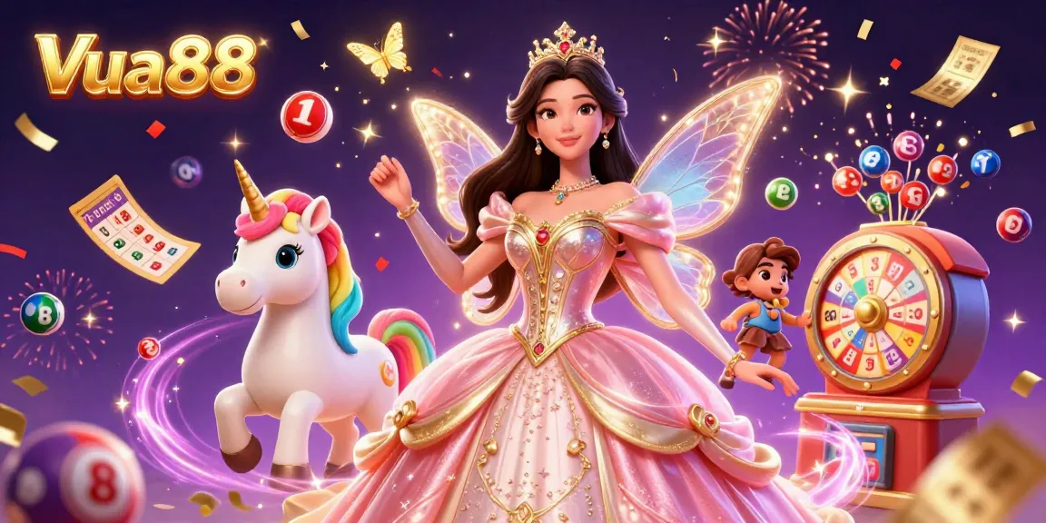 Engage with Vua88's vibrant 3D illustration, featuring festive lottery elements and enchanting characters.