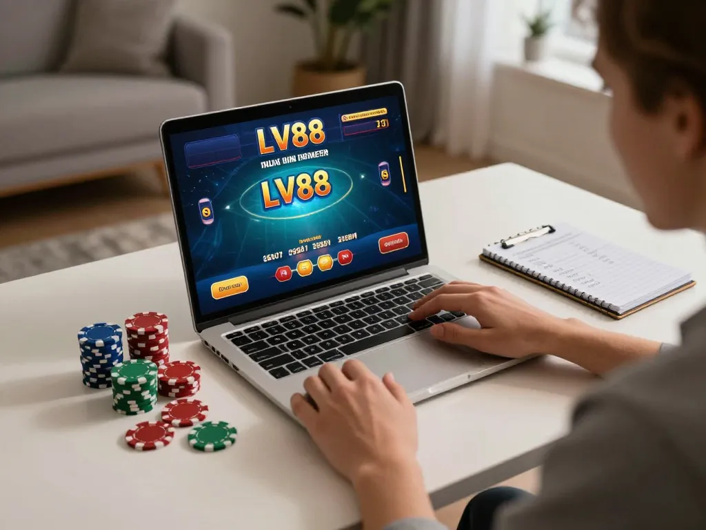 Player strategizing in an online LV88 casino game, chips and notes visible, relaxed atmosphere