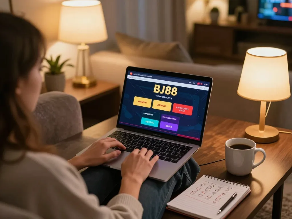 Engaging online gambling scene with BJ88bj gaming interface on laptop, cozy home atmosphere promoting responsible play.
