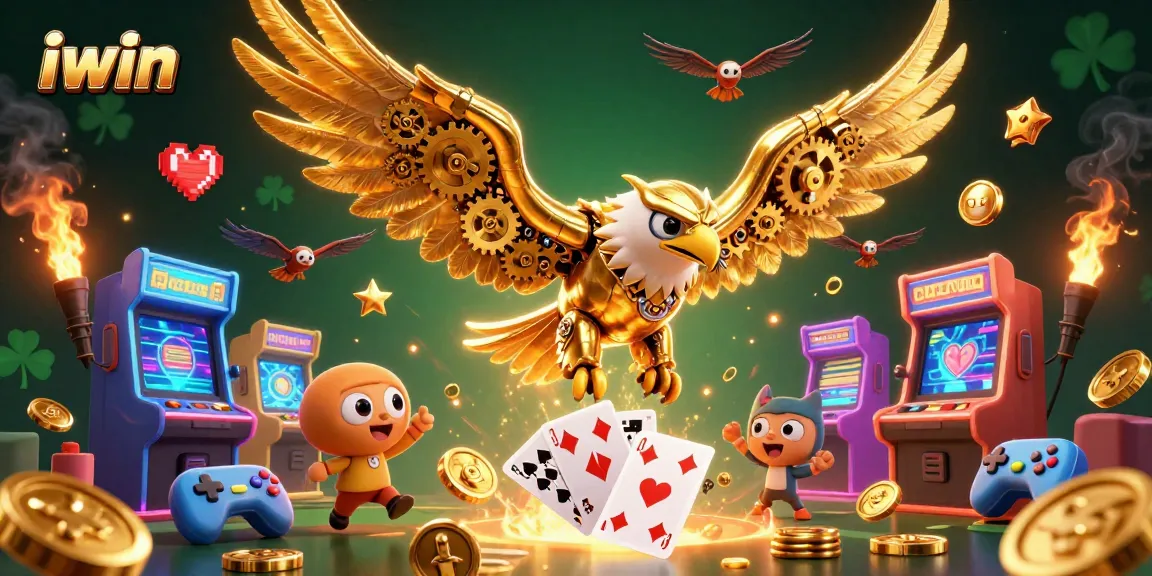 iwin offers a remarkable gaming experience with a vibrant 3D illustration of a cybernetic eagle amidst a casino backdrop.
