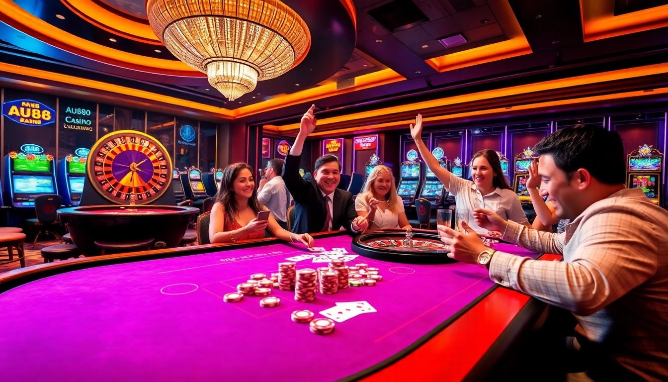 Players celebrating a big win at an AU88 gaming table in a luxurious casino setting.