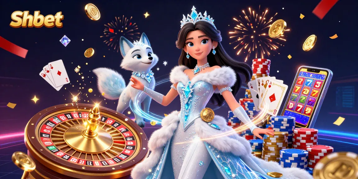 Experience the thrill of Shbet with vibrant gaming elements and a stunning ice queen in a captivating casino scene.